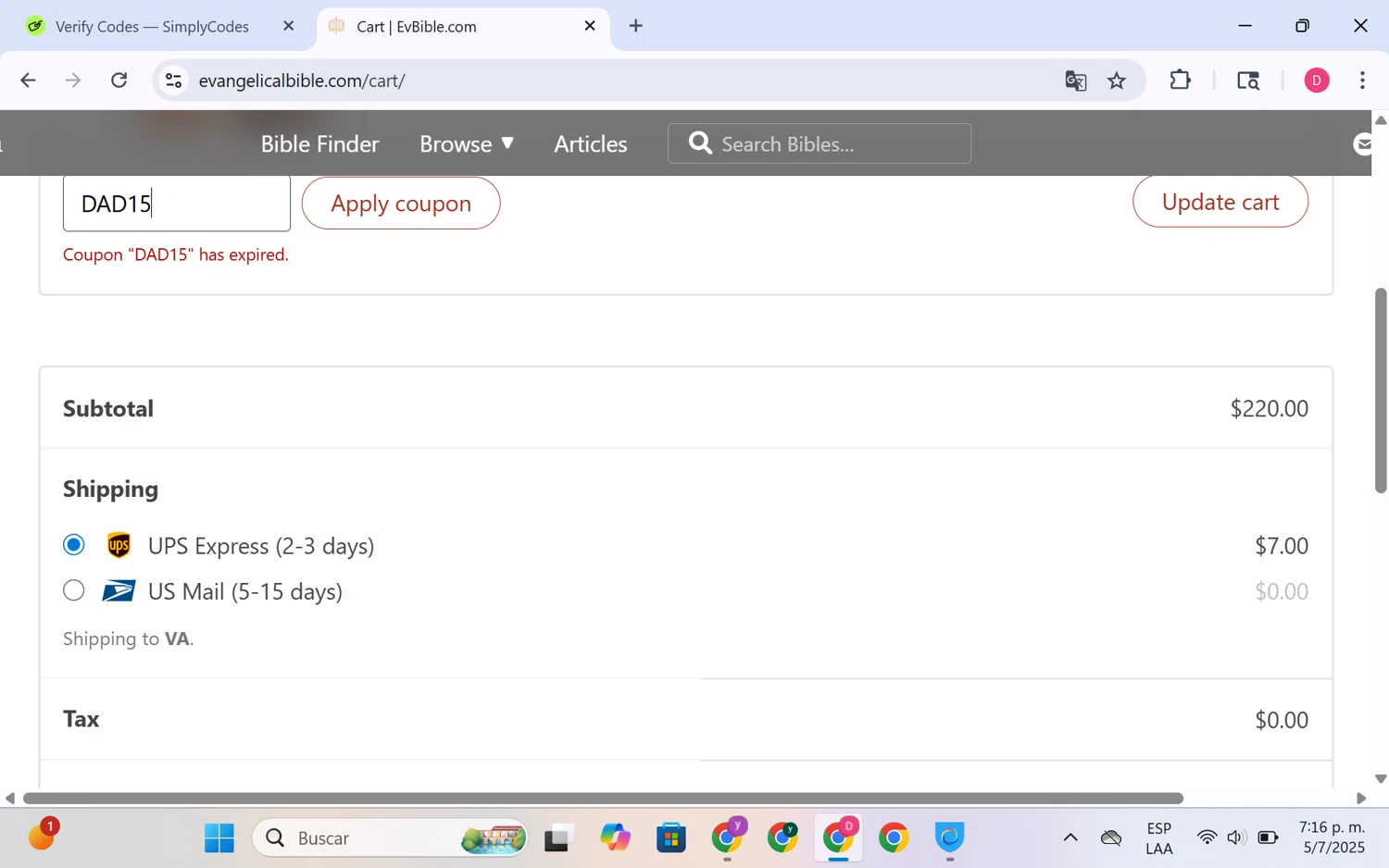 EvangelicalBible.com coupon code screenshot showing code DAD15 applied at EvangelicalBible.com checkout page. Uploaded by SimplyCodes community member LuckyHero4650 on Jul 5, 2025