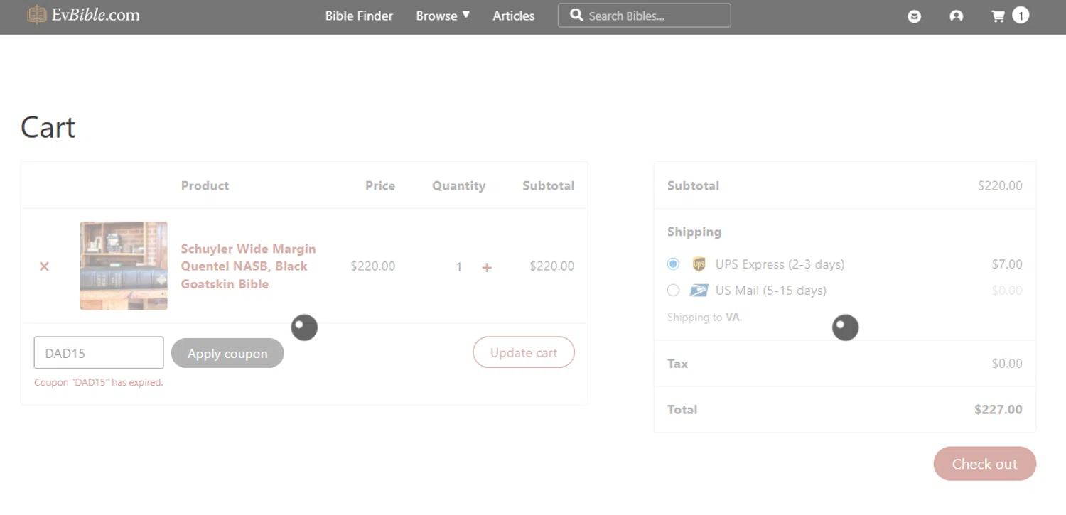 EvangelicalBible.com coupon code screenshot showing code DAD15 applied at EvangelicalBible.com checkout page. Uploaded by SimplyCodes community member Woskal on Jul 5, 2025