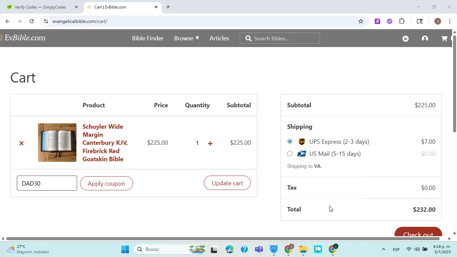 EvangelicalBible.com coupon code screenshot showing code DAD30 applied at EvangelicalBible.com checkout page. Uploaded by SimplyCodes community member ABHF23 on Jul 3, 2025