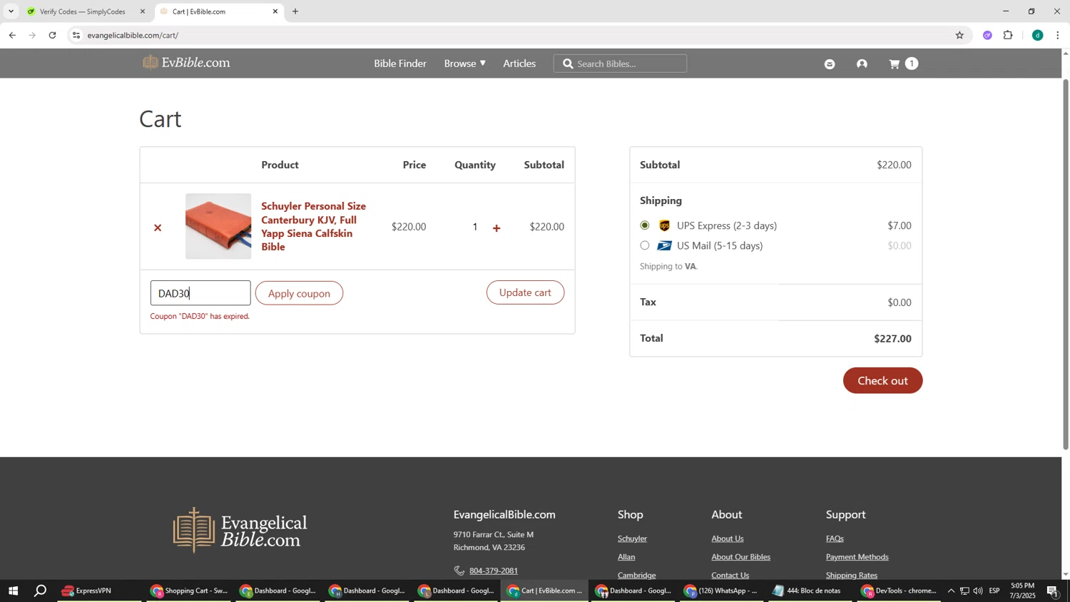EvangelicalBible.com coupon code screenshot showing code DAD30 applied at EvangelicalBible.com checkout page. Uploaded by SimplyCodes community member HEROESCUDA on Jul 3, 2025