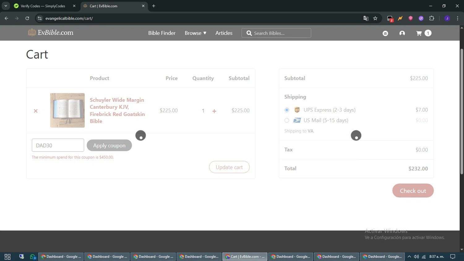EvangelicalBible.com checkout page showing EvangelicalBible.com coupon code box | Screenshot taken by SimplyCodes community member on Jun 9, 2025