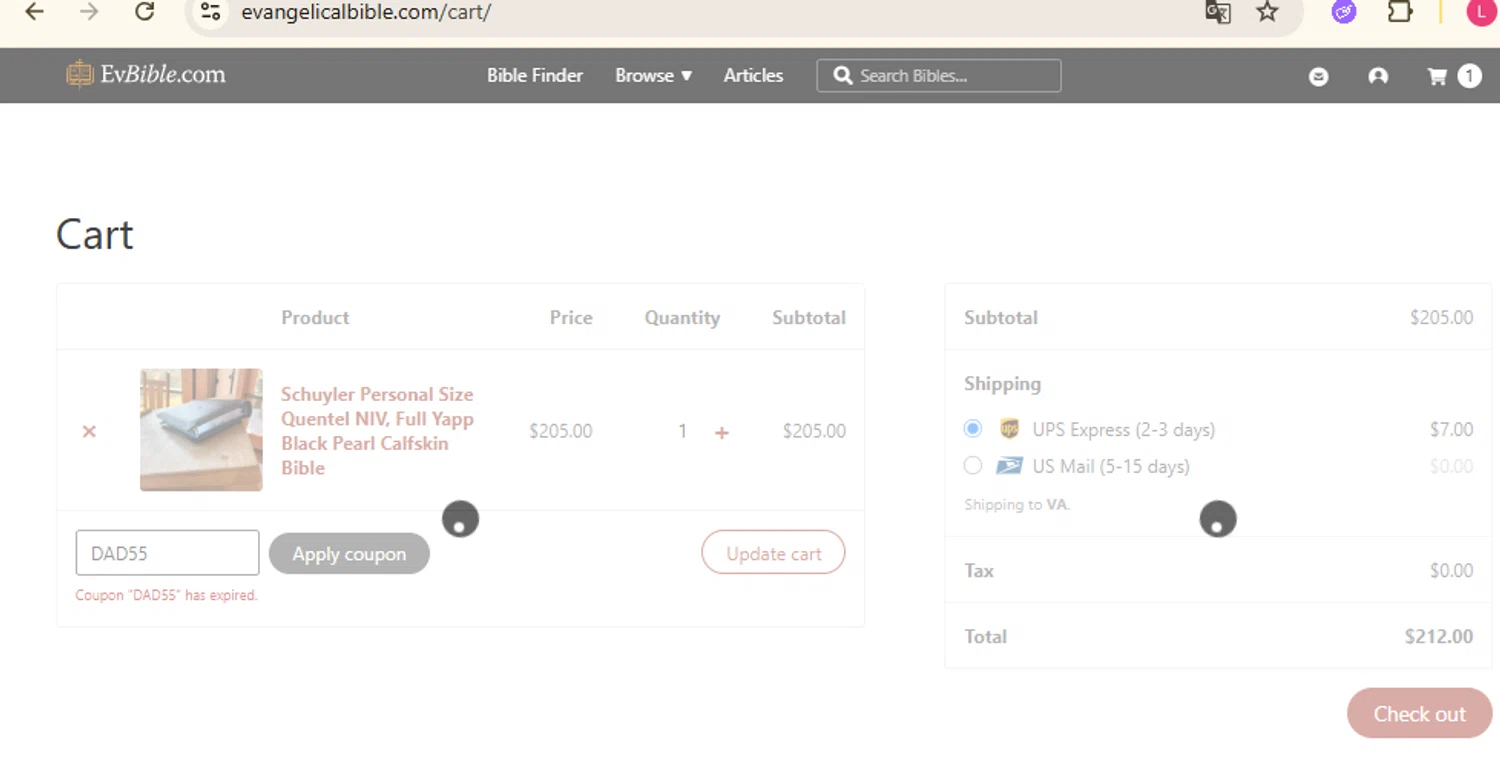 EvangelicalBible.com coupon code screenshot showing code DAD55 applied at EvangelicalBible.com checkout page. Uploaded by SimplyCodes community member RewardFinder4836 on Jun 17, 2025