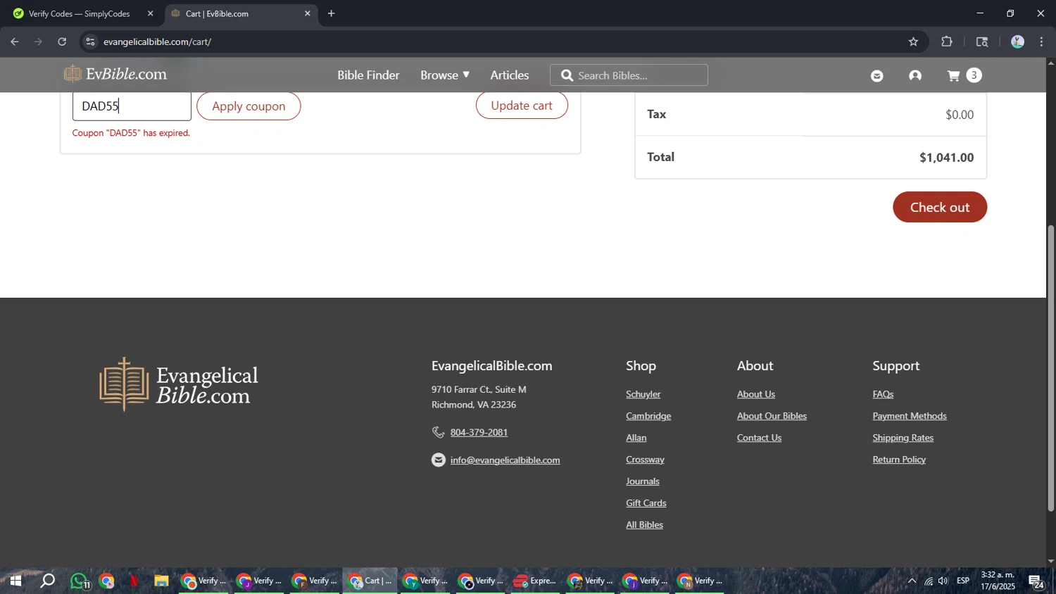 EvangelicalBible.com coupon code screenshot showing code DAD55 applied at EvangelicalBible.com checkout page. Uploaded by SimplyCodes community member ShrewdSeeker6165 on Jun 17, 2025