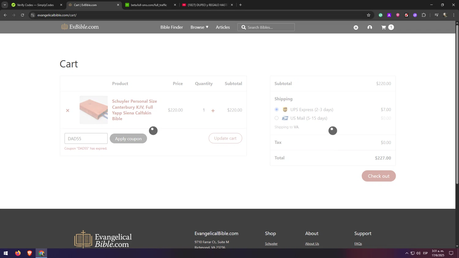 EvangelicalBible.com coupon code screenshot showing code DAD55 applied at EvangelicalBible.com checkout page. Uploaded by SimplyCodes community member eliaskao on Jun 17, 2025
