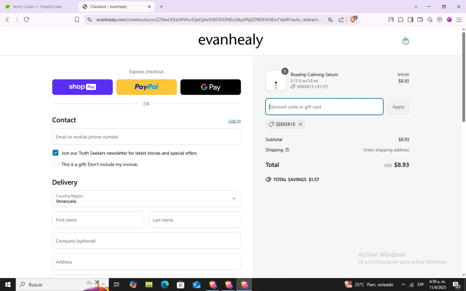 evanhealy discount code screenshot showing code SEEKER15 applied at evanhealy checkout page. Uploaded by SimplyCodes community member VoucherSpotter6910 on Apr 11, 2025