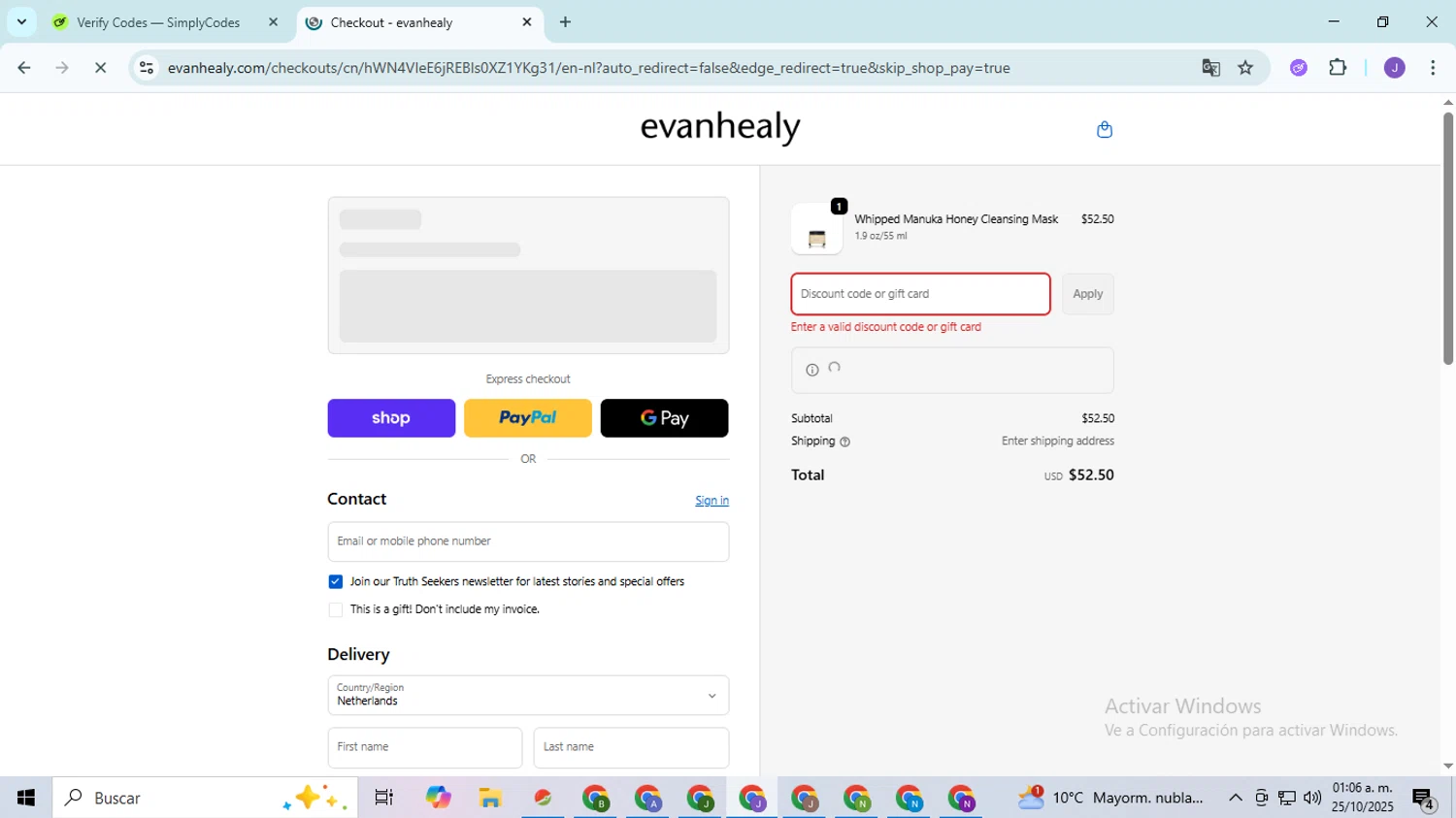 evanhealy discount code screenshot showing code SHARON15 applied at evanhealy checkout page. Uploaded by SimplyCodes community member PromoHunter9043 on Oct 25, 2025