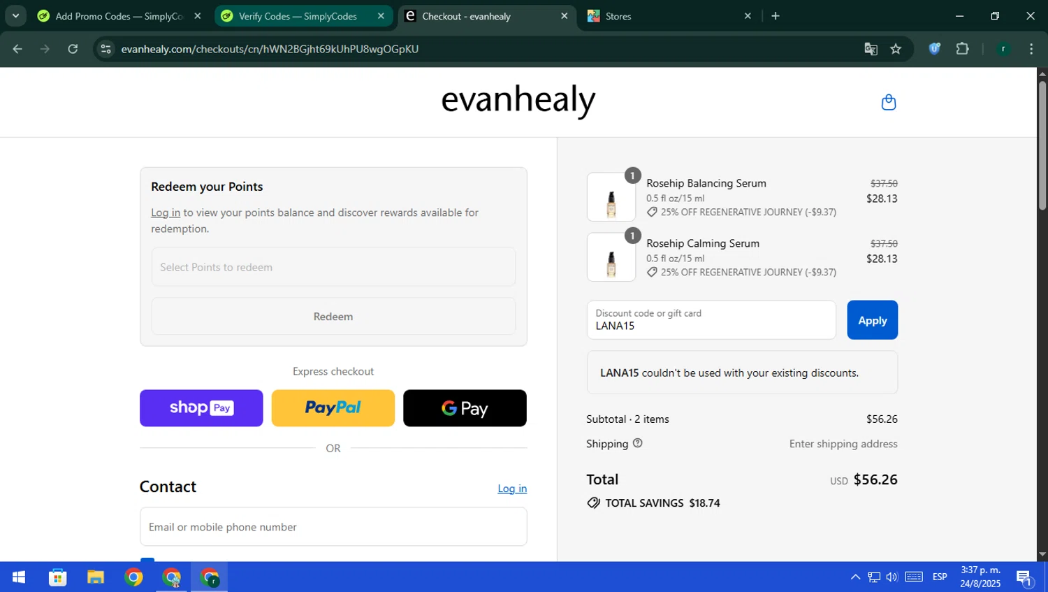 evanhealy discount code screenshot showing code LANA15 applied at evanhealy checkout page. Uploaded by SimplyCodes community member rodri1 on Aug 24, 2025