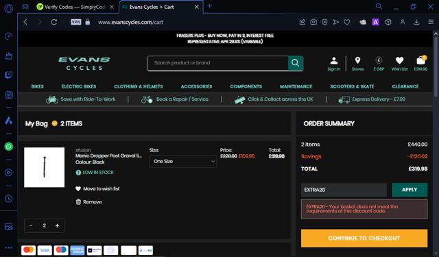 Evans Cycles checkout page showing Evans Cycles promo code box | Screenshot taken by SimplyCodes community member on Oct 2, 2024