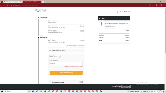 Evans Cycles checkout page showing Evans Cycles promo code box | Screenshot taken by SimplyCodes community member on Oct 8, 2024