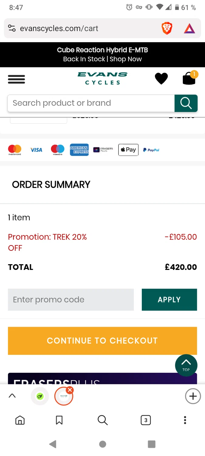 Evans Cycles promo code screenshot showing code TREK20SUMMER26 applied at Evans Cycles checkout page. Uploaded by SimplyCodes community member victor on Jun 8, 2026