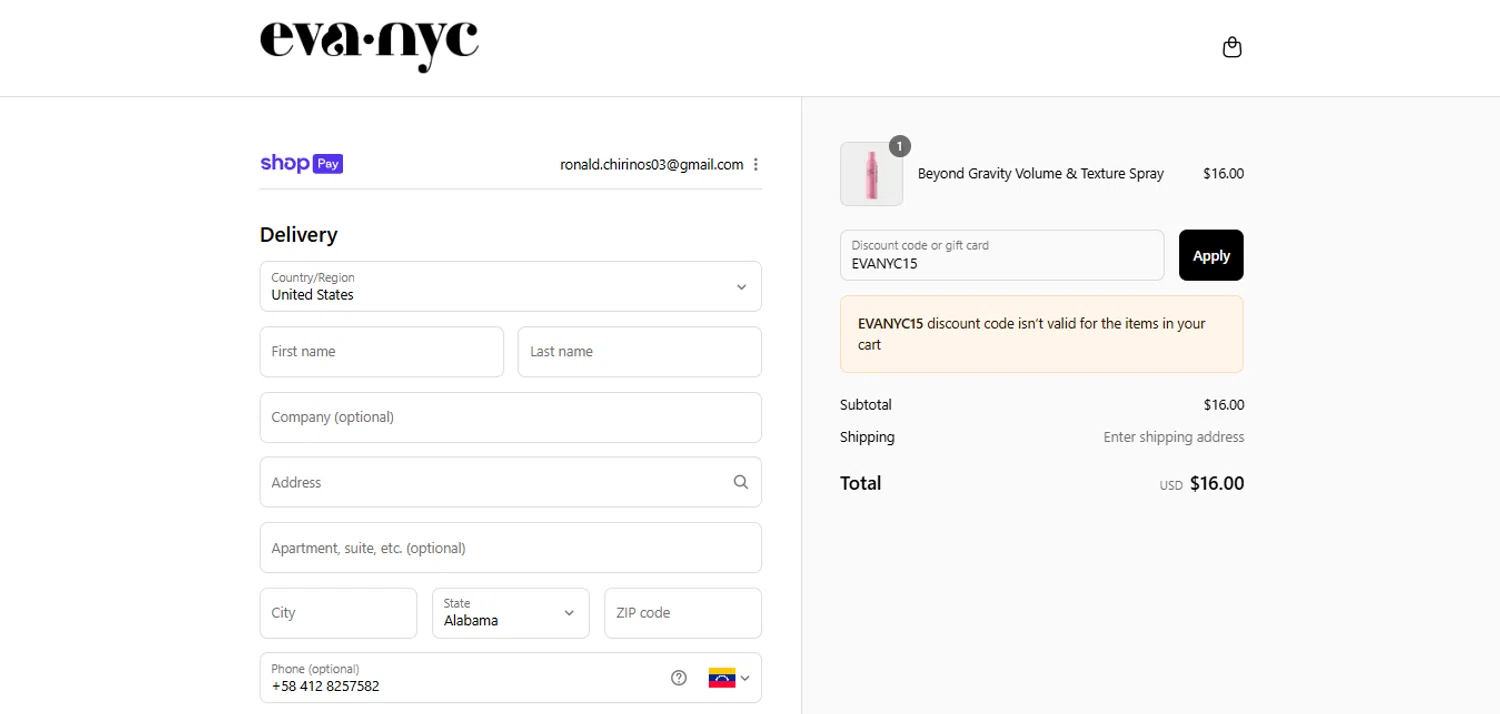 Eva NYC discount code screenshot showing code EVANYC15 applied at Eva NYC checkout page. Uploaded by SimplyCodes community member BrilliantTitan7739 on Jul 27, 2025