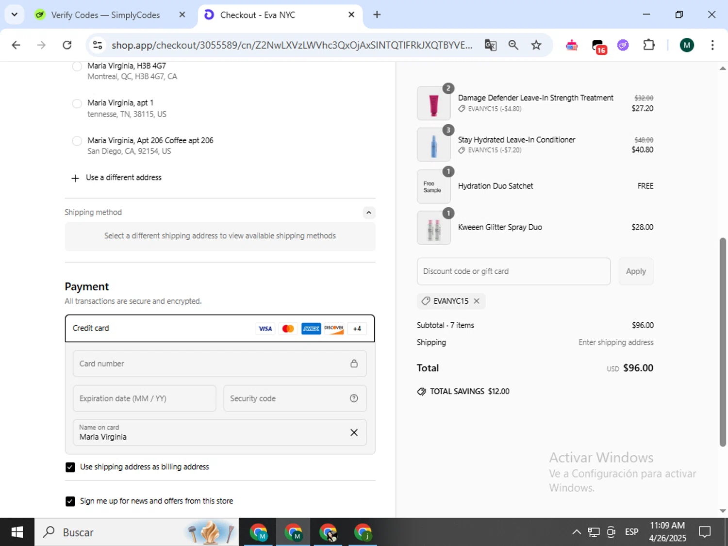 Eva NYC discount code screenshot showing code EVANYC15 applied at Eva NYC checkout page. Uploaded by SimplyCodes community member Jorgeluisvera on Apr 26, 2025