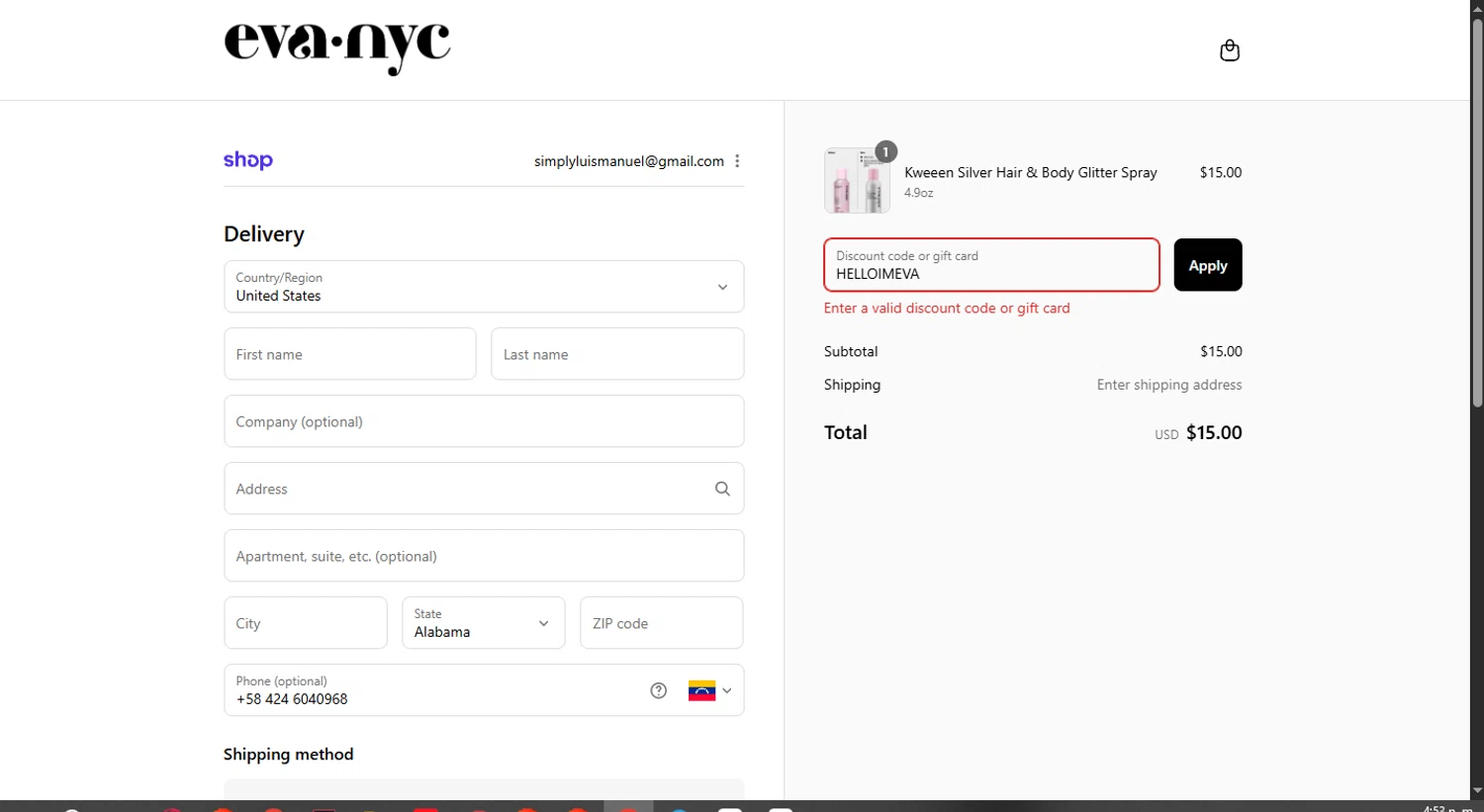 Eva NYC discount code screenshot showing code HELLOIMEVA applied at Eva NYC checkout page. Uploaded by SimplyCodes community member CouponHero3179 on Aug 30, 2025