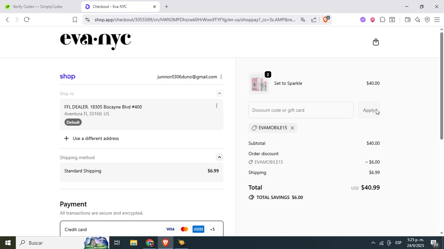 Eva NYC discount code screenshot showing code EVAMOBILE15 applied at Eva NYC checkout page. Uploaded by SimplyCodes community member Mujerdejunnior on Sep 24, 2025