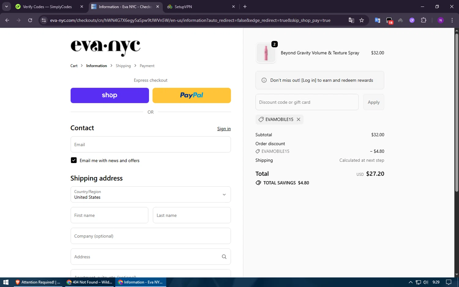 Eva NYC discount code screenshot showing code EVAMOBILE15 applied at Eva NYC checkout page. Uploaded by SimplyCodes community member ShieldElite2370 on Oct 18, 2025