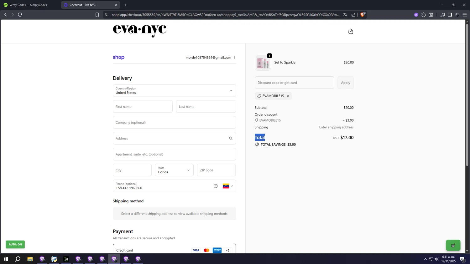 Eva NYC discount code screenshot showing code EVAMOBILE15 applied at Eva NYC checkout page. Uploaded by SimplyCodes community member wwwwwwwwwwwwwwwwwww on Nov 19, 2025