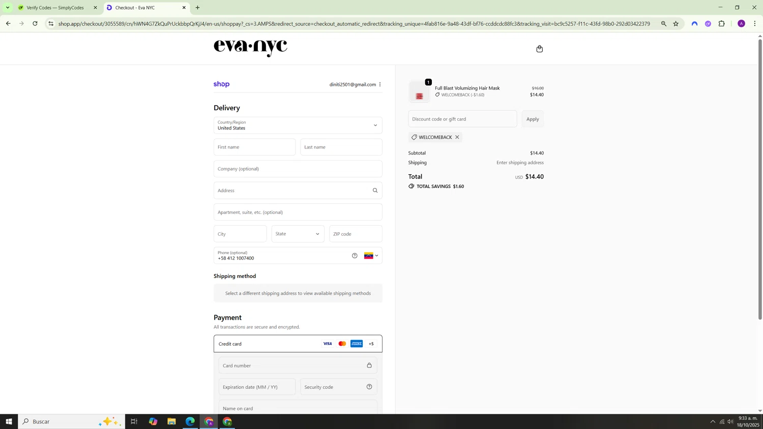 Eva NYC discount code screenshot showing code WELCOMEBACK applied at Eva NYC checkout page. Uploaded by SimplyCodes community member Hasta_El_Final on Oct 18, 2025