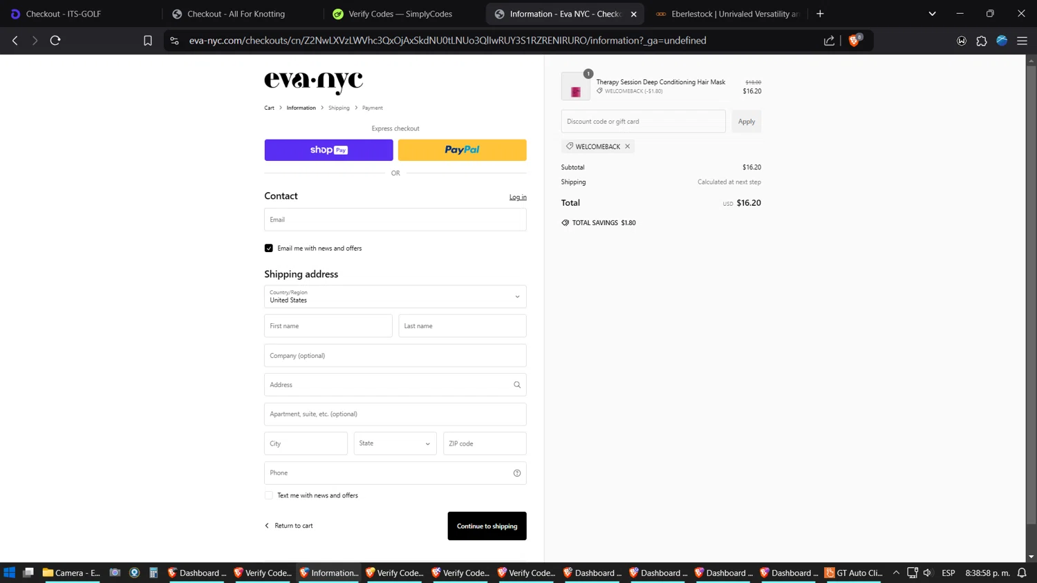Eva NYC discount code screenshot showing code WELCOMEBACK applied at Eva NYC checkout page. Uploaded by SimplyCodes community member Jgomez on Jan 3, 2025