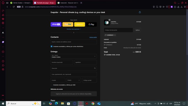 Evapolar checkout page showing Evapolar promo code box | Screenshot taken by SimplyCodes community member on Aug 8, 2025