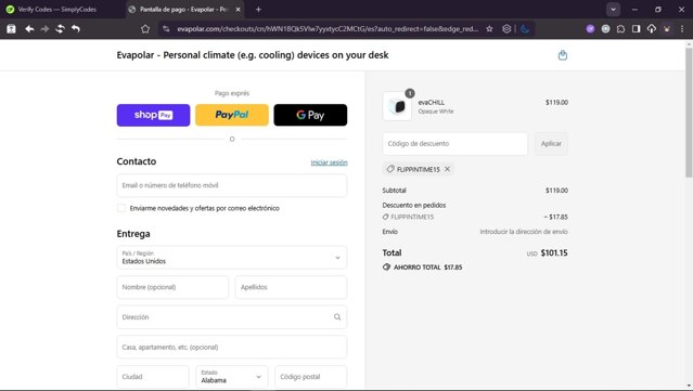 Evapolar checkout page showing Evapolar promo code box | Screenshot taken by SimplyCodes community member on Jul 29, 2025