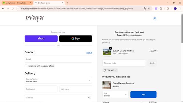 evaya checkout page showing evaya promo code box | Screenshot taken by SimplyCodes community member on Sep 22, 2025