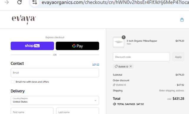 evaya checkout page showing evaya promo code box | Screenshot taken by SimplyCodes community member on Jul 22, 2025