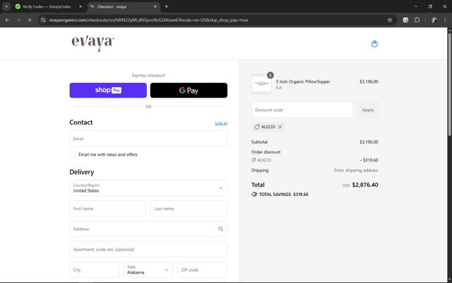evaya checkout page showing evaya promo code box | Screenshot taken by SimplyCodes community member on Aug 21, 2025