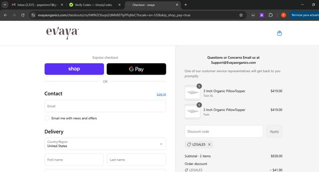 evaya checkout page showing evaya promo code box | Screenshot taken by SimplyCodes community member on Aug 30, 2025