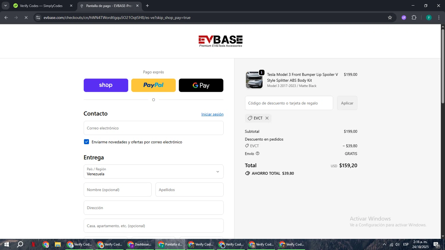 EVBASE discount code screenshot showing code EVCT applied at EVBASE checkout page. Uploaded by SimplyCodes community member FrugalCaptain6906 on Oct 24, 2025