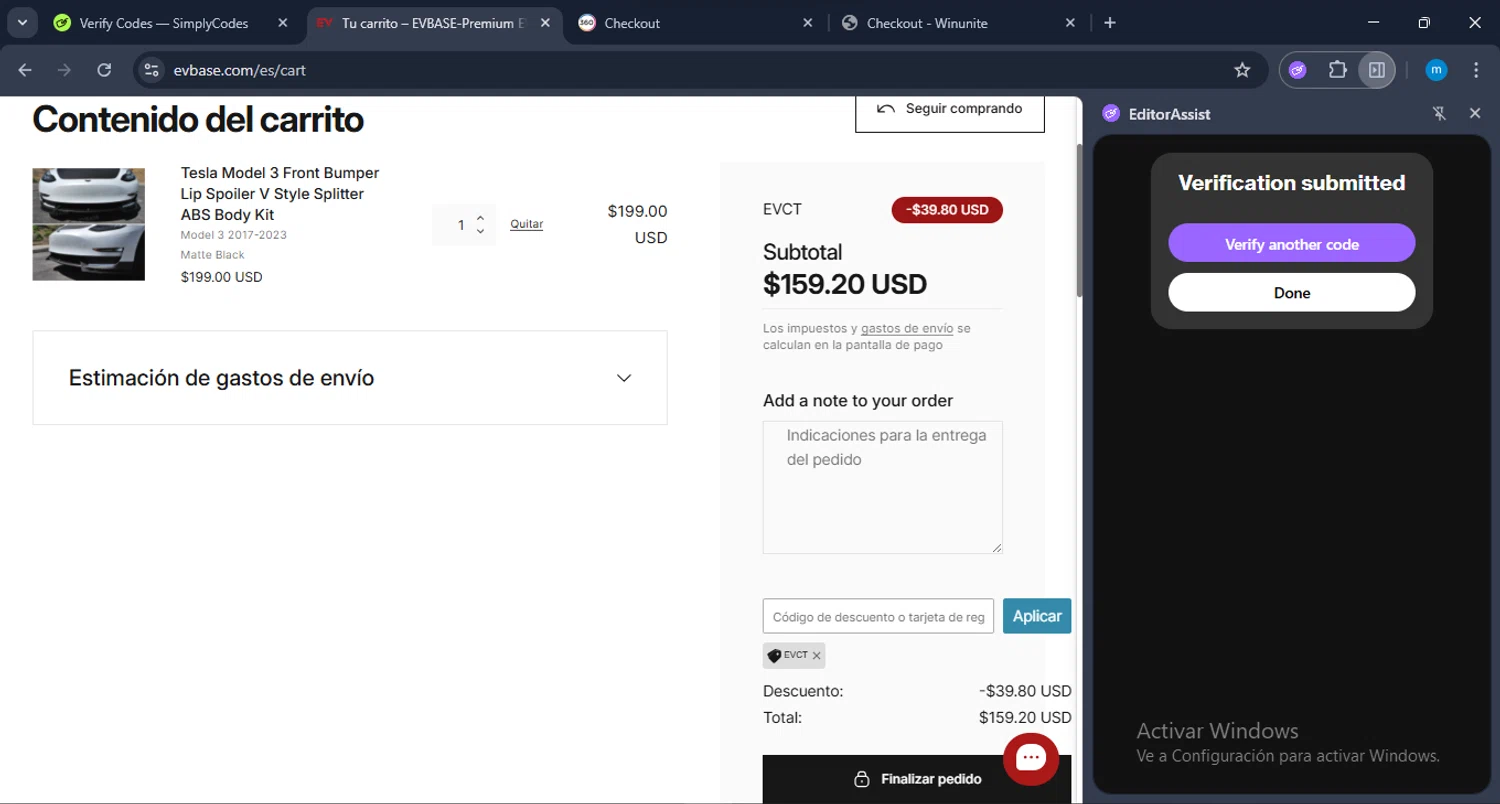 EVBASE discount code screenshot showing code EVCT applied at EVBASE checkout page. Uploaded by SimplyCodes community member LuckyWarden9122 on Jul 28, 2025