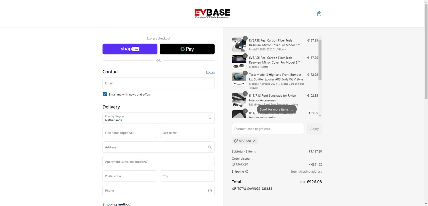 EVBASE discount code screenshot showing code MARK20 applied at EVBASE checkout page. Uploaded by SimplyCodes community member SilverChaser3269 on Jul 9, 2025