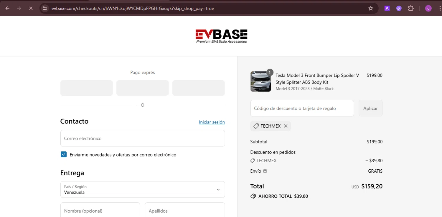 EVBASE discount code screenshot showing code TECHMEX applied at EVBASE checkout page. Uploaded by SimplyCodes community member PennyTiger4891 on Aug 10, 2025