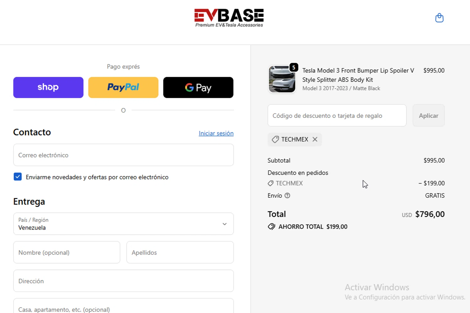 EVBASE discount code screenshot showing code TECHMEX applied at EVBASE checkout page. Uploaded by SimplyCodes community member ligthYA on Oct 24, 2025