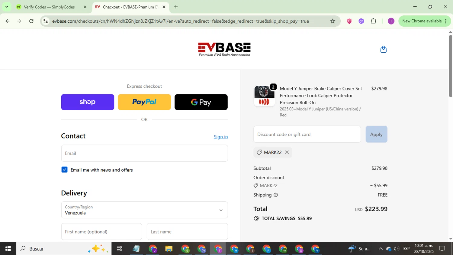 EVBASE discount code screenshot showing code MARK22 applied at EVBASE checkout page. Uploaded by SimplyCodes community member ThriftyCurator4085 on Oct 28, 2025