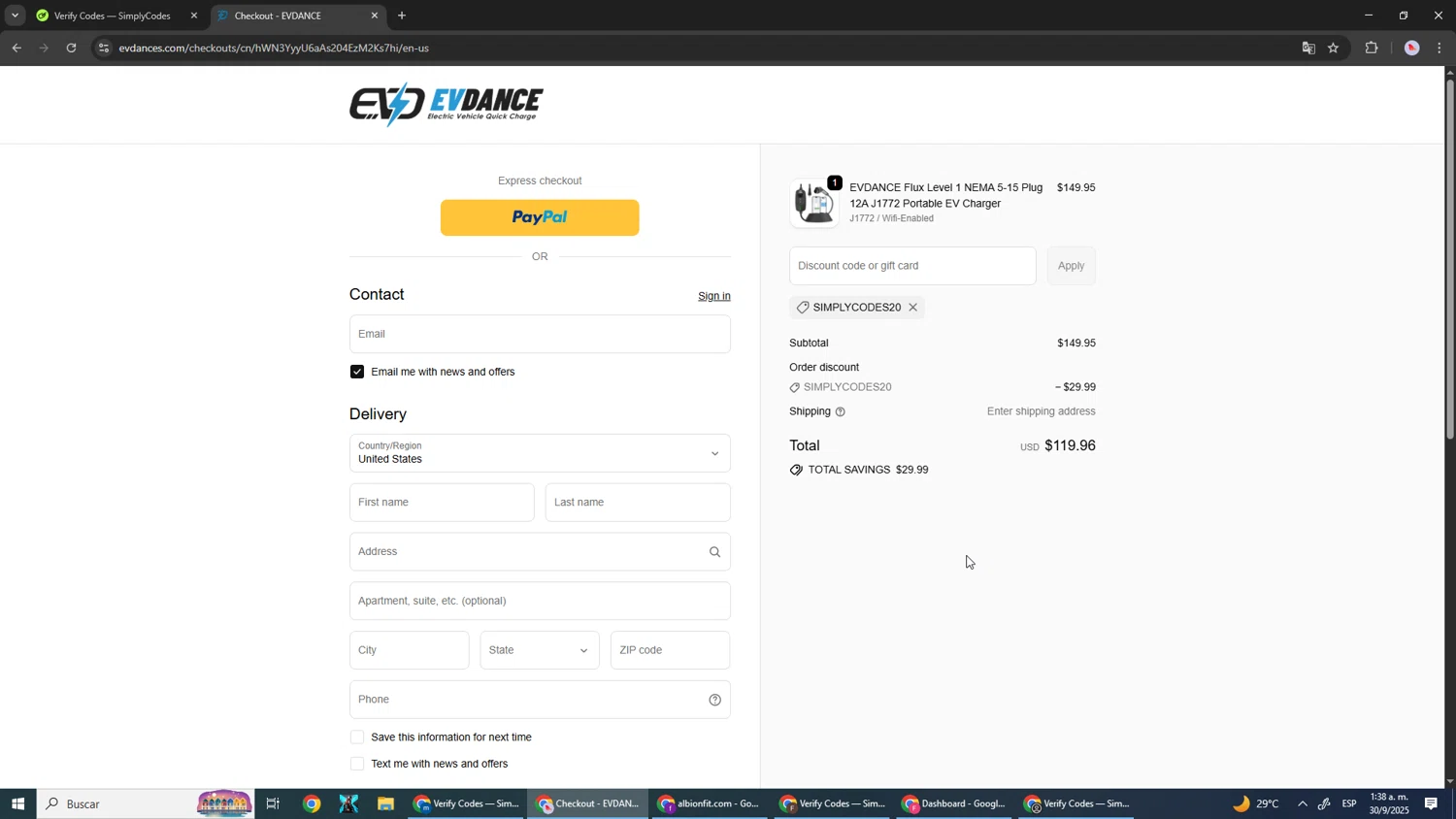 EVDANCE promo code screenshot showing code SIMPLYCODES20 applied at EVDANCE checkout page. Uploaded by SimplyCodes community member DealScout5970 on Sep 30, 2025