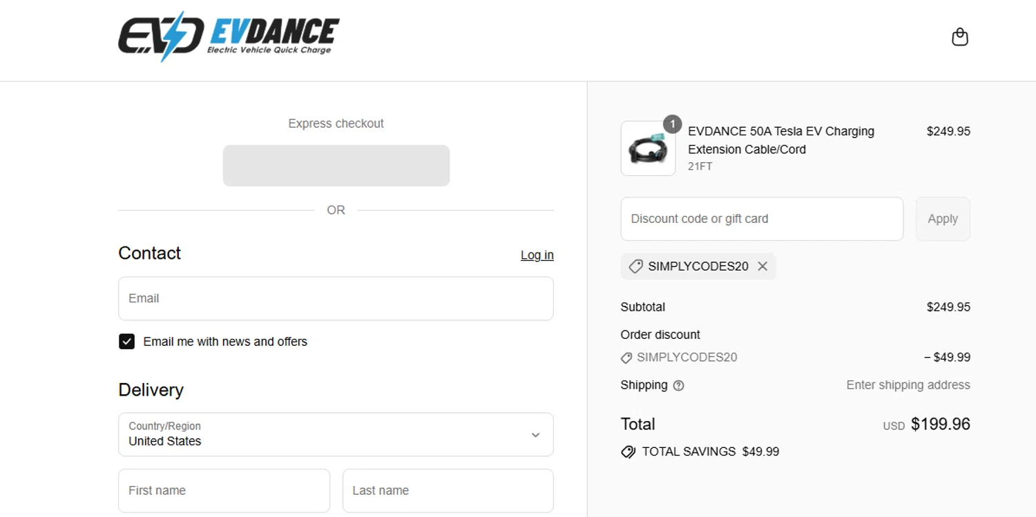 EVDANCE promo code screenshot showing code SIMPLYCODES20 applied at EVDANCE checkout page. Uploaded by SimplyCodes community member Juanls04 on Jul 28, 2025