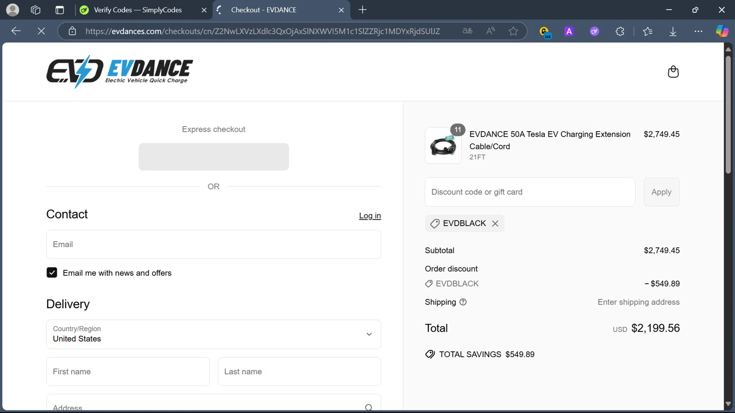 EVDANCE promo code screenshot showing code EVDBLACK applied at EVDANCE checkout page. Uploaded by SimplyCodes community member Elsuanfonson on Apr 28, 2025