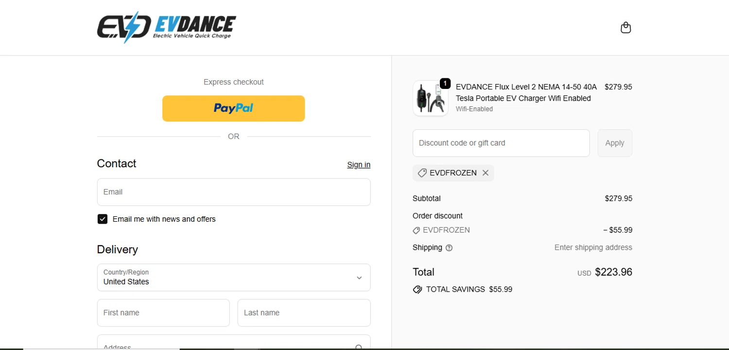 EVDANCE promo code screenshot showing code EVDFROZEN applied at EVDANCE checkout page. Uploaded by SimplyCodes community member juanisaac on Sep 21, 2025