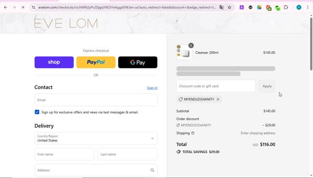 EVE LOM checkout page showing EVE LOM discount code box | Screenshot taken by SimplyCodes community member on Sep 14, 2025