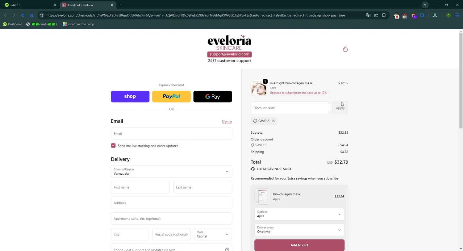 Eveloria discount code screenshot showing code SAVE15 applied at Eveloria checkout page. Uploaded by SimplyCodes community member CrownGuardian9882 on Dec 28, 2025