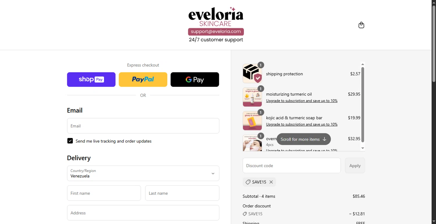 Eveloria discount code screenshot showing code SAVE15 applied at Eveloria checkout page. Uploaded by SimplyCodes community member PennyOwl696 on Jul 28, 2025