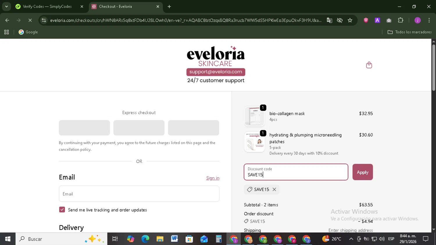 Eveloria discount code screenshot showing code SAVE15 applied at Eveloria checkout page. Uploaded by SimplyCodes community member Tazbravo on Jan 29, 2026