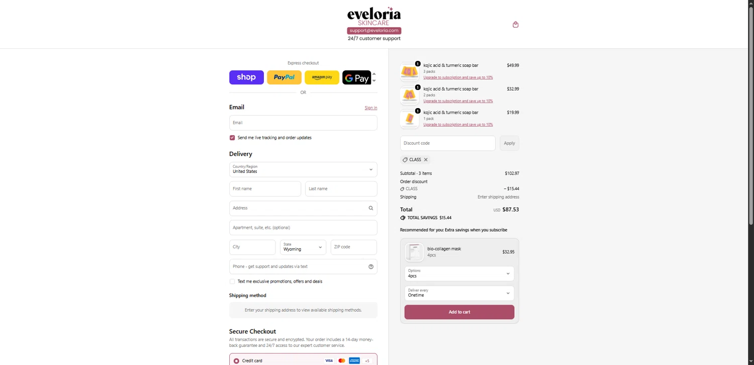 Eveloria discount code screenshot showing code CLASS applied at Eveloria checkout page. Uploaded by SimplyCodes community member VictoriousBoss8742 on Feb 20, 2026
