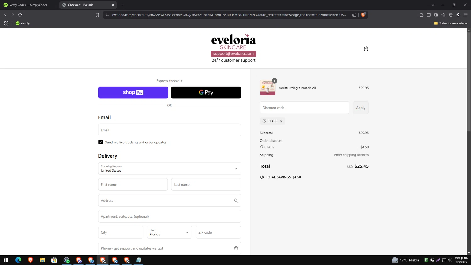 Eveloria discount code screenshot showing code CLASS applied at Eveloria checkout page. Uploaded by SimplyCodes community member TreasureEagle7585 on Mar 10, 2025