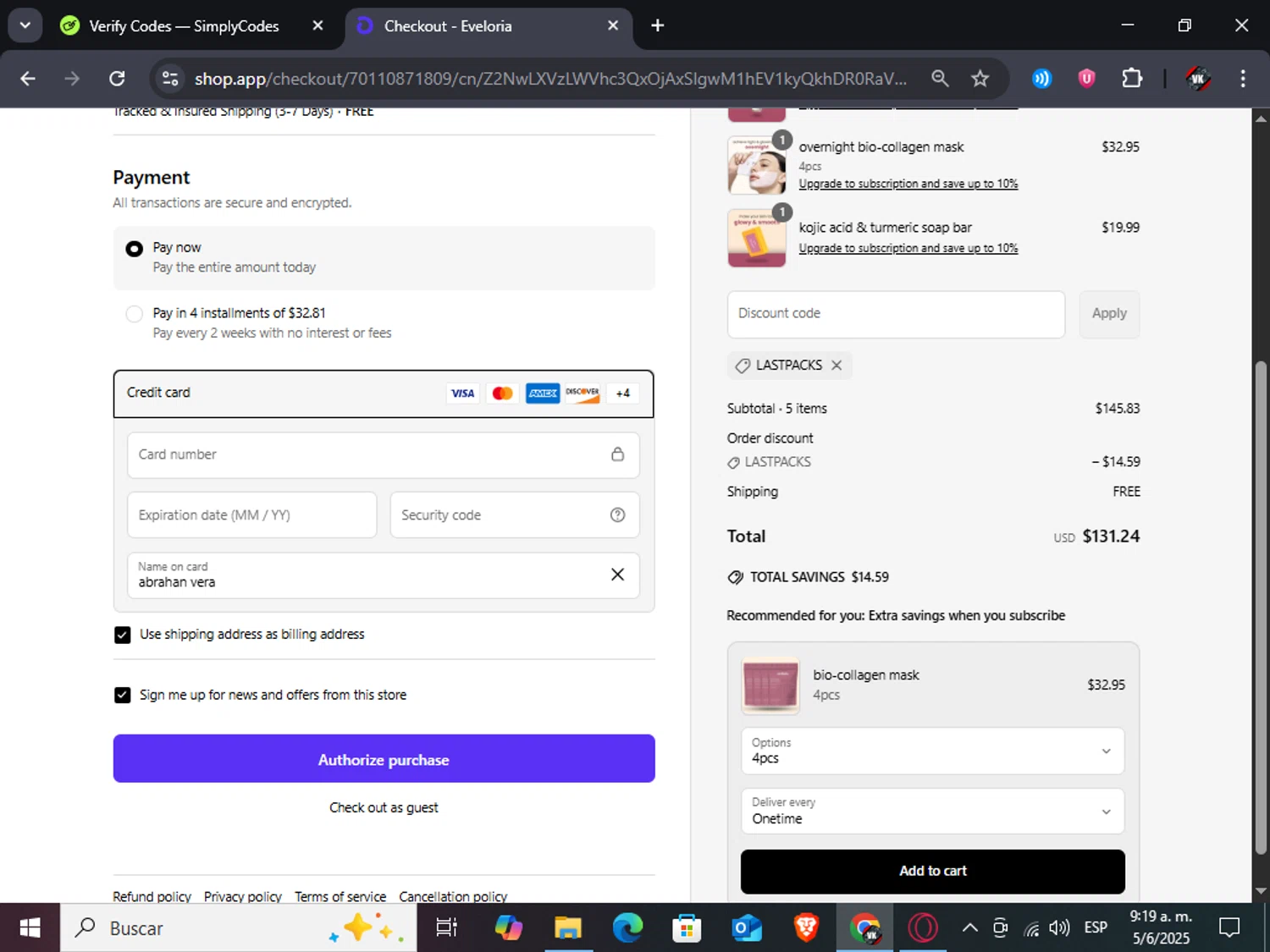 Eveloria discount code screenshot showing code LASTPACKS applied at Eveloria checkout page. Uploaded by SimplyCodes community member TreasureAdmiral6867 on Jun 5, 2025