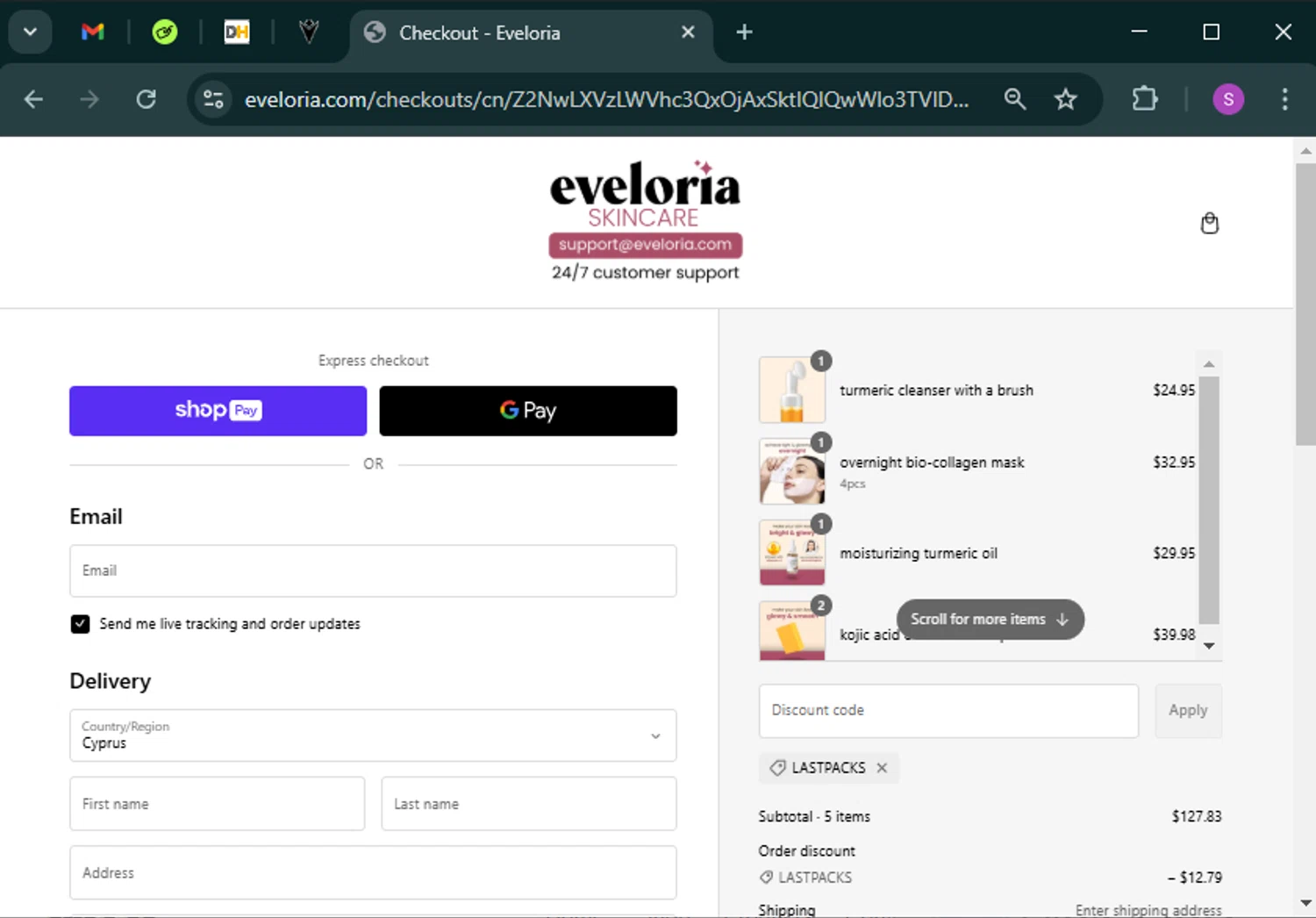 Eveloria discount code screenshot showing code LASTPACKS applied at Eveloria checkout page. Uploaded by SimplyCodes community member tinkle_tinkle on Feb 7, 2025