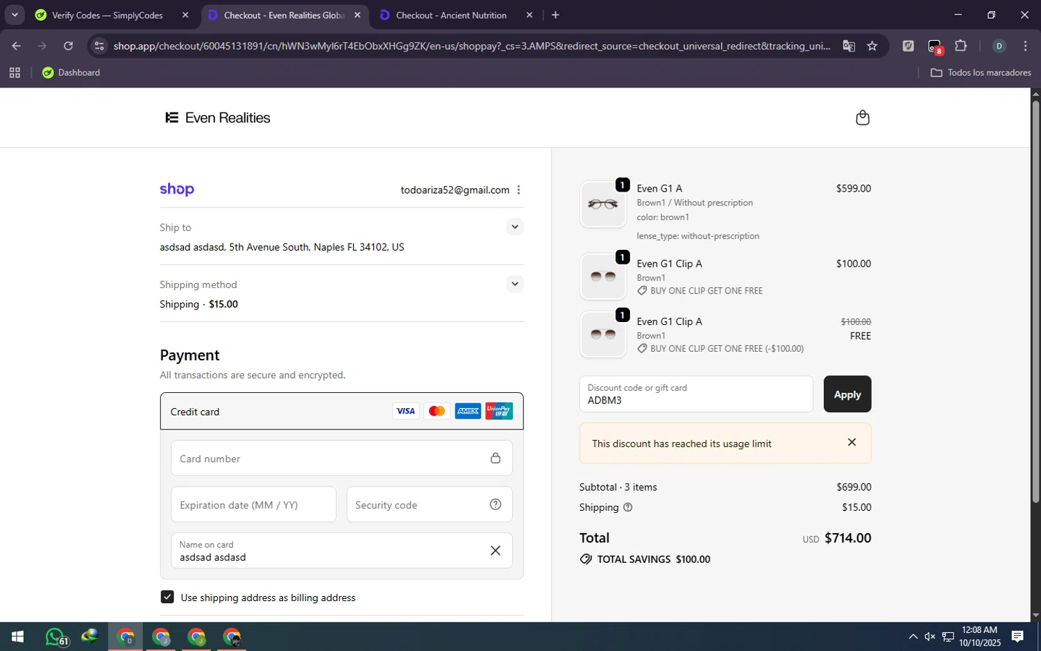 Even Realities discount code screenshot showing code ADBM3 applied at Even Realities checkout page. Uploaded by SimplyCodes community member Rei_Chikita_uwu on Oct 10, 2025