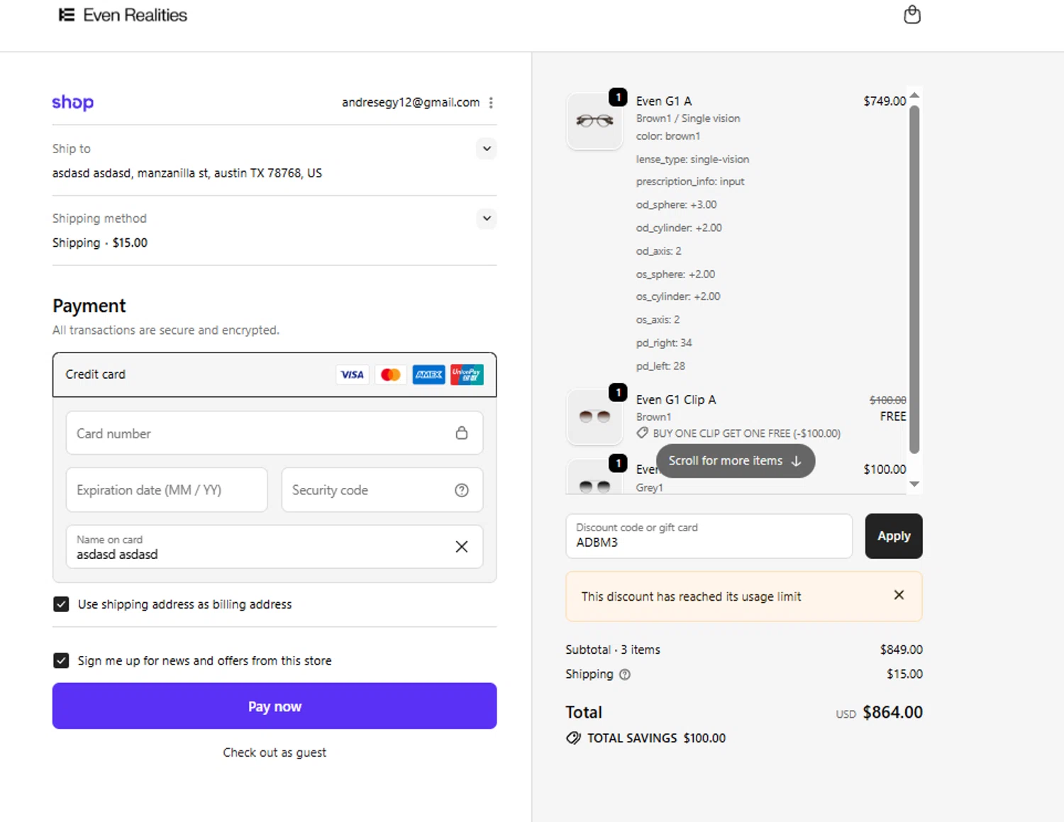 Even Realities discount code screenshot showing code ADBM3 applied at Even Realities checkout page. Uploaded by SimplyCodes community member Woskal on Oct 10, 2025