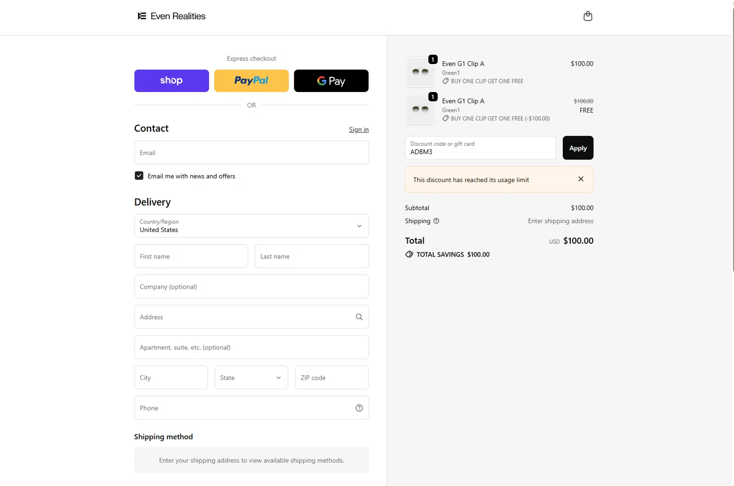 Even Realities discount code screenshot showing code ADBM3 applied at Even Realities checkout page. Uploaded by SimplyCodes community member holasfosi on Oct 10, 2025