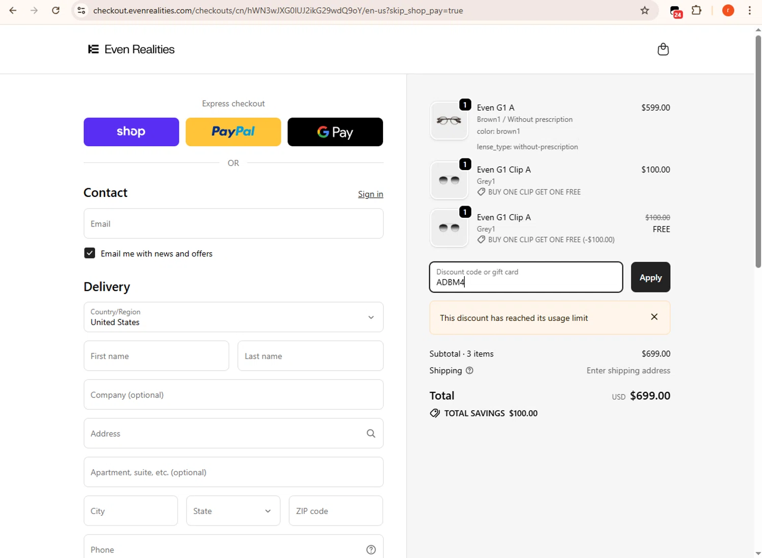 Even Realities discount code screenshot showing code ADBM4 applied at Even Realities checkout page. Uploaded by SimplyCodes community member CashMaverick1144 on Oct 10, 2025
